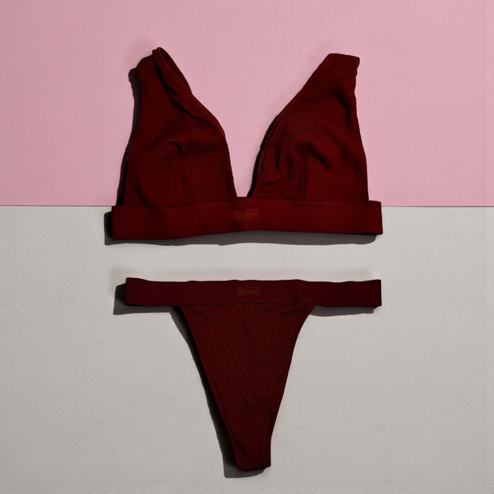 SKIMS Cotton Rib Set 🍷 Burgundy | Top 2X + Thong XL
